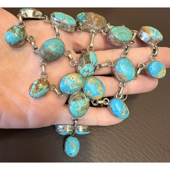 Vintage Sterling Silver Southwest Kingman? Turquoise Bib Statement Necklace 118g - Picture 2 of 14